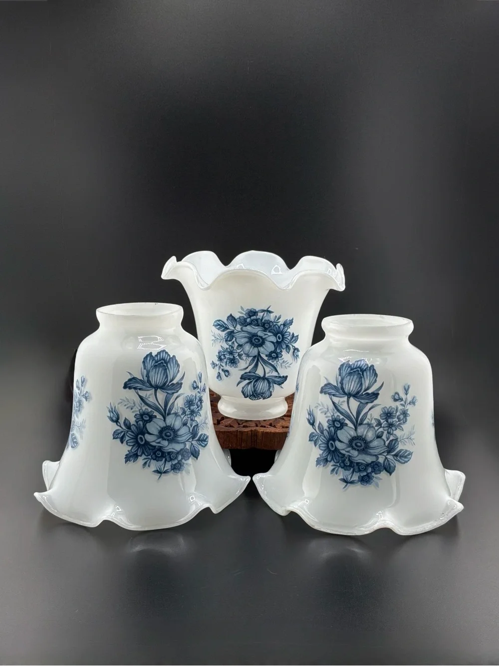 Blue Floral Ruffled Milk Glass Shades - Set of 3